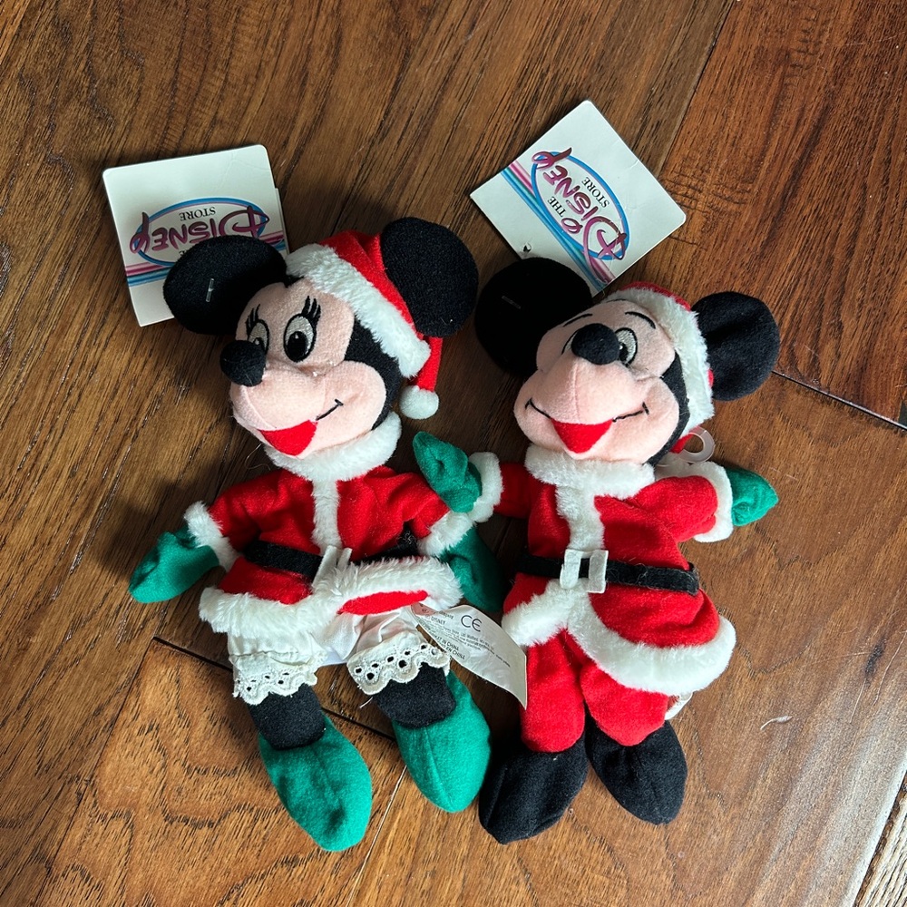 Vintage 90s The Disney Store Mini Bean Bag 7" Santa Mickey and Minnie Lot of 2